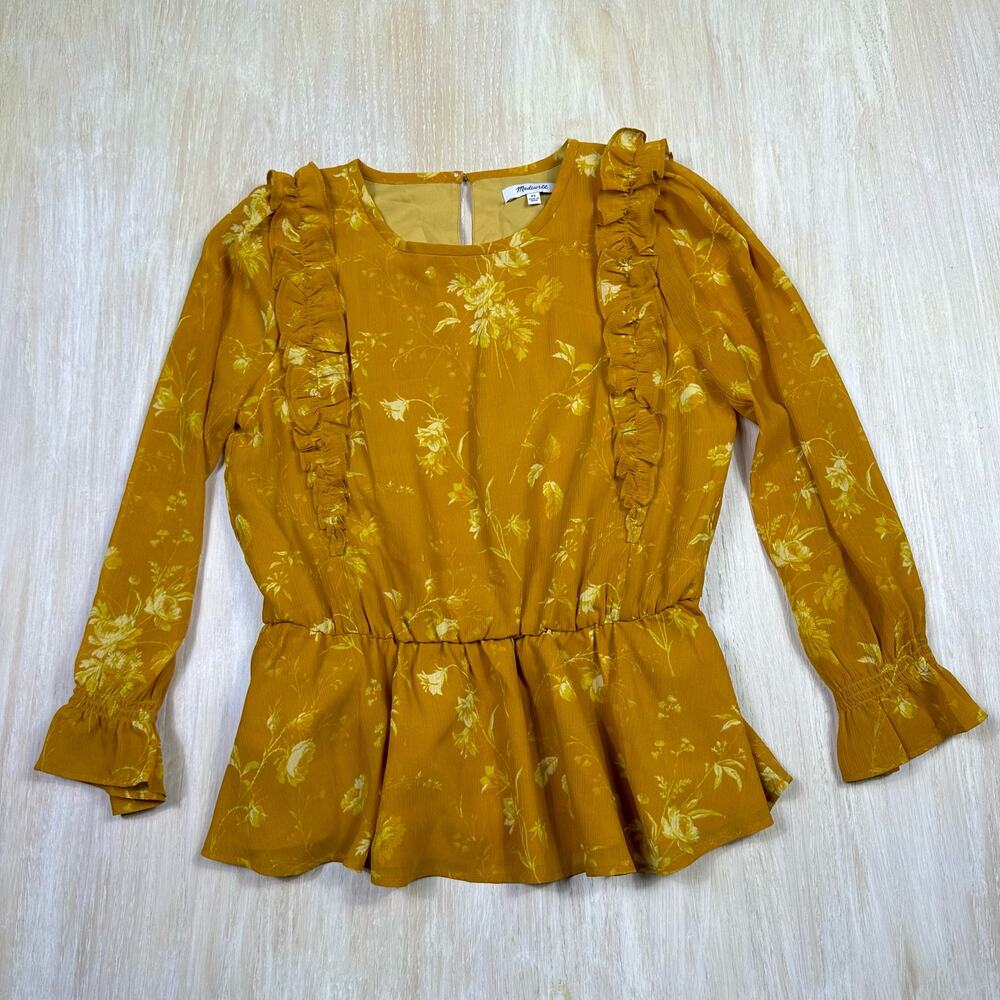 Madewell Mustard Tonal Botanical Boho Ruffle Floral Shoulder Peplum Top XS